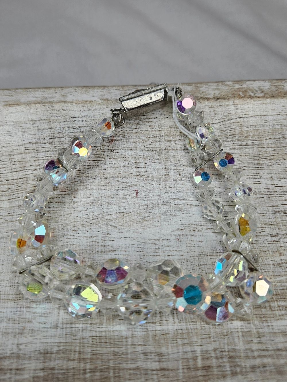 Vintage Double Strand Aurora Borealis Crystal Bead Bracelet - 1950s/60s EUC